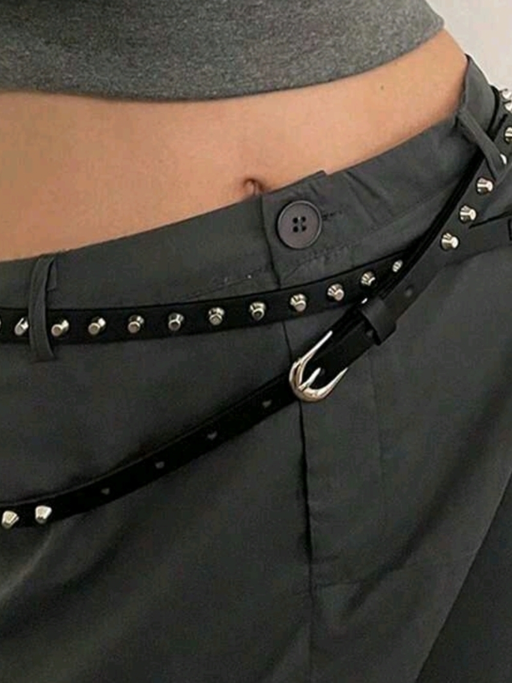 Studded Black Skinny Layering Belt with Silver Hardware